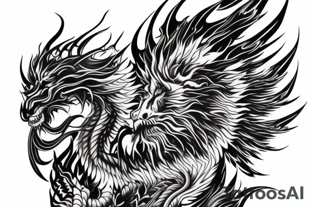 vertical
dragon and lion
lions mane
dragon wings
Dragons claws
abstract negative space
divinely illuminated
full colour
dark tattoo idea