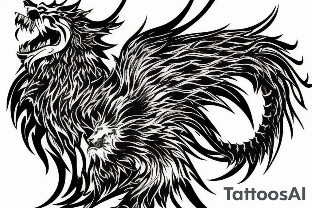 vertical
dragon and lion
lions mane
dragon wings
Dragons claws
abstract negative space
divinely illuminated
full colour
dark tattoo idea