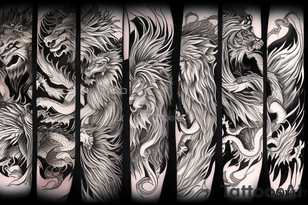 vertical
dragon and lion
lions mane
dragon wings
Dragons claws
abstract negative space
divinely illuminated
full colour
dark tattoo idea