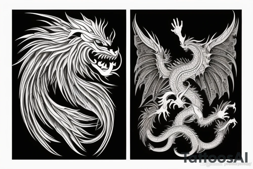 vertical
dragon and lion
lions mane
dragon wings
Dragons claws
abstract negative space
divinely illuminated
full colour
dark tattoo idea