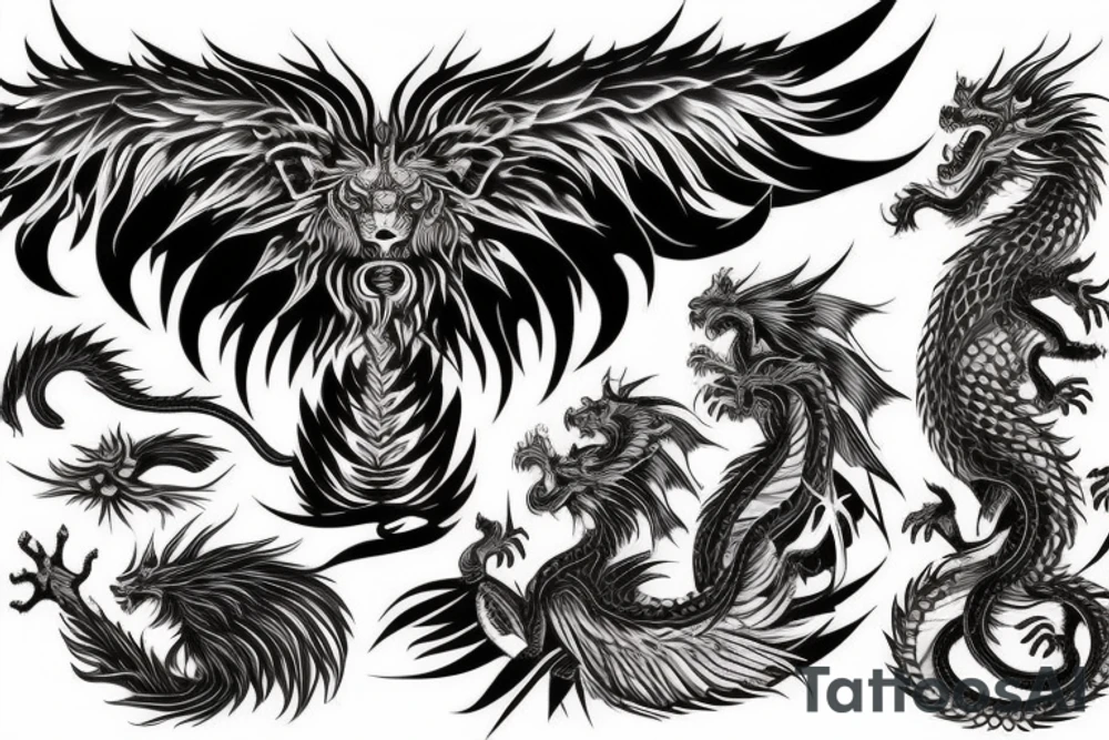 vertical
dragon and lion
lions mane
dragon wings
Dragons claws
abstract negative space
divinely illuminated
full colour
dark tattoo idea