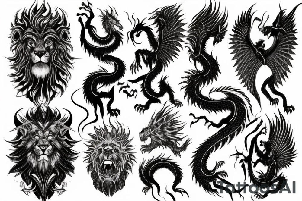 vertical
dragon and lion
lions mane
dragon wings
Dragons claws
abstract negative space
divinely illuminated
full colour
dark tattoo idea