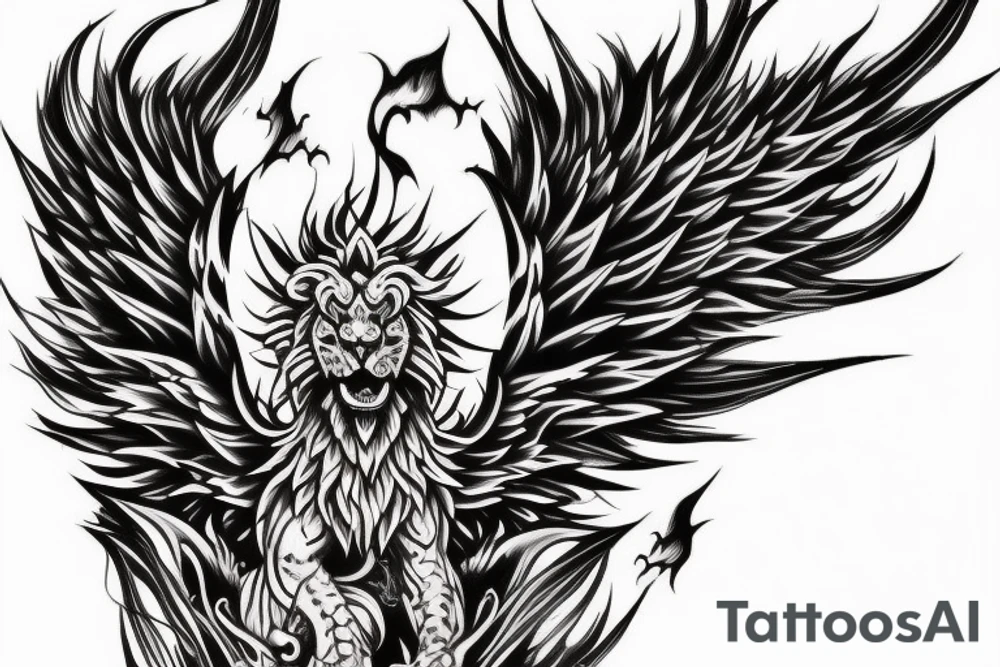 vertical
dragon and lion
lions mane
dragon wings
Dragons claws
abstract negative space
divinely illuminated
full colour
dark tattoo idea