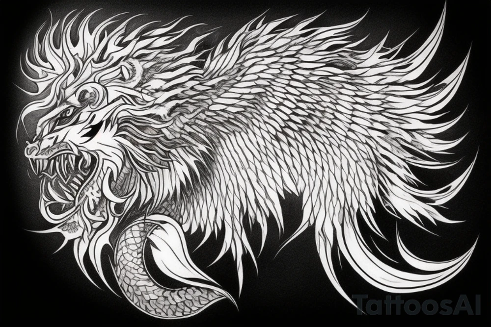 vertical
dragon and lion
lions mane
dragon wings
Dragons claws
abstract negative space
divinely illuminated
full colour
dark tattoo idea