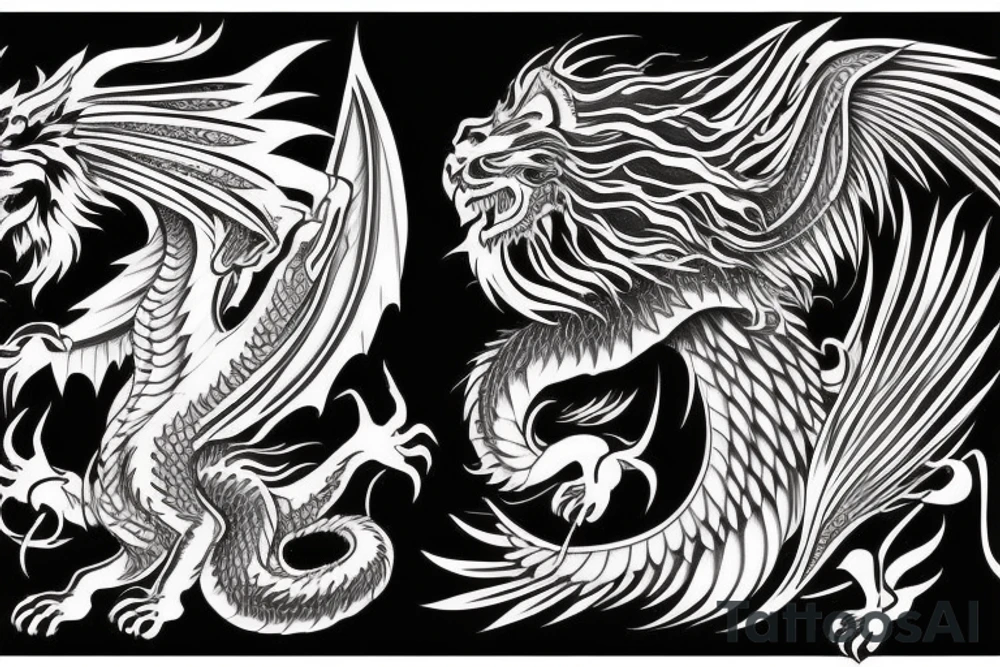 vertical
dragon and lion
lions mane
dragon wings
Dragons claws
abstract negative space
divinely illuminated
full colour
dark tattoo idea