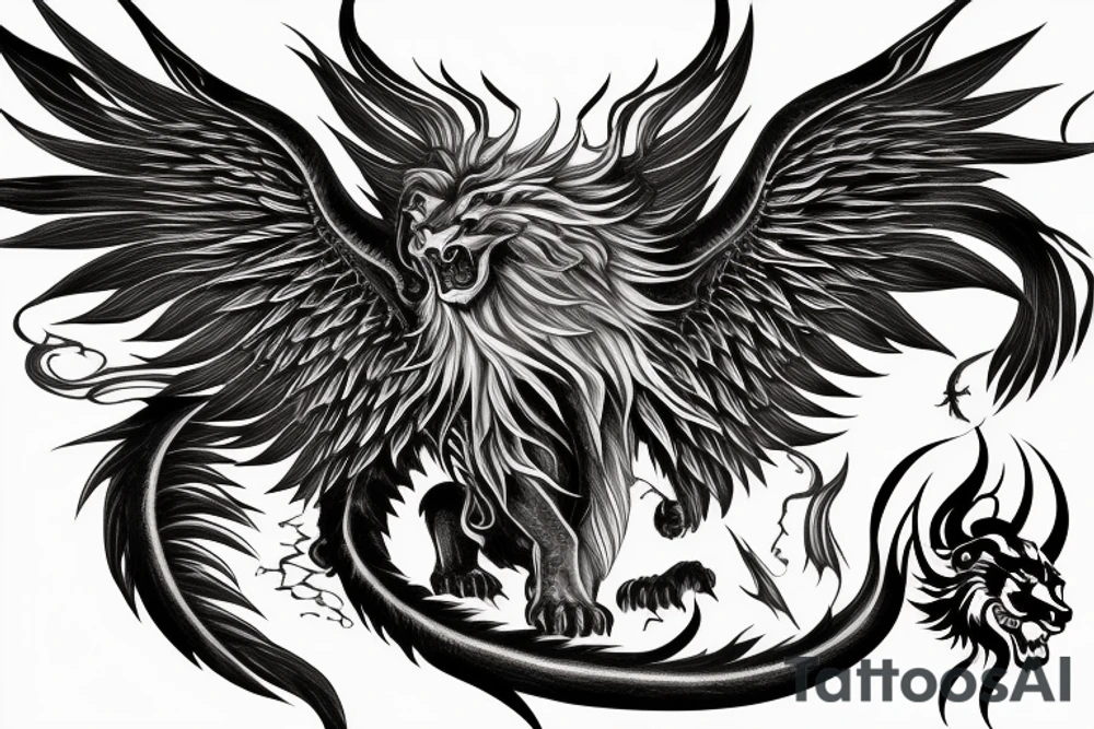 vertical
dragon and lion
lions mane
dragon wings
Dragons claws
pegasus
abstract negative space
divinely illuminated
full colour
dark tattoo idea