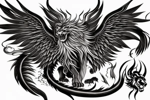 vertical
dragon and lion
lions mane
dragon wings
Dragons claws
pegasus
abstract negative space
divinely illuminated
full colour
dark tattoo idea