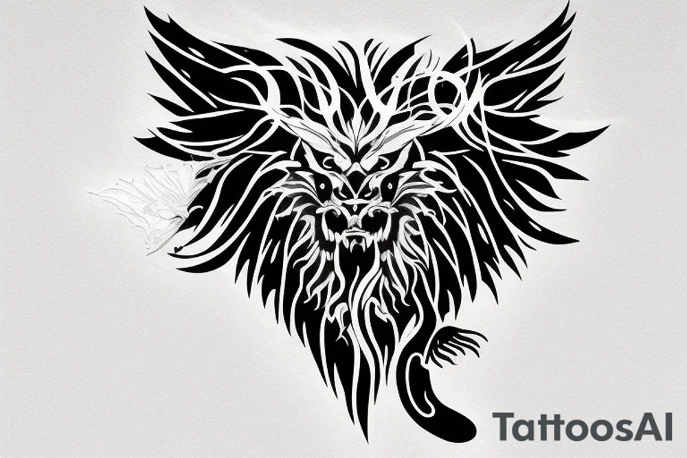 vertical
dragon and lion
lions mane
dragon wings
Dragons claws
pegasus
abstract negative space
divinely illuminated
full colour
dark tattoo idea