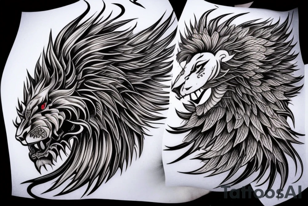 vertical
dragon and lion
lions mane
dragon wings
Dragons claws
pegasus
abstract negative space
divinely illuminated
full colour
dark tattoo idea