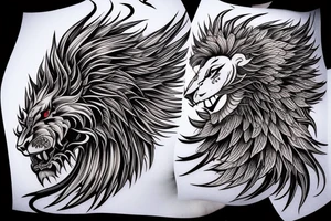 vertical
dragon and lion
lions mane
dragon wings
Dragons claws
pegasus
abstract negative space
divinely illuminated
full colour
dark tattoo idea