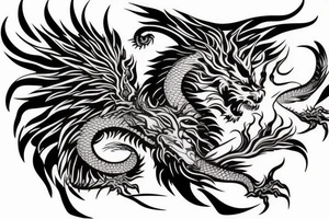 vertical
dragon and lion
lions mane
dragon wings
Dragons claws
pegasus
abstract negative space
divinely illuminated
full colour
dark tattoo idea