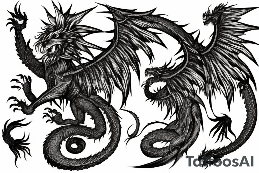 vertical
dragon and lion
lions mane
dragon wings
Dragons claws
pegasus
abstract negative space
divinely illuminated
full colour
dark tattoo idea