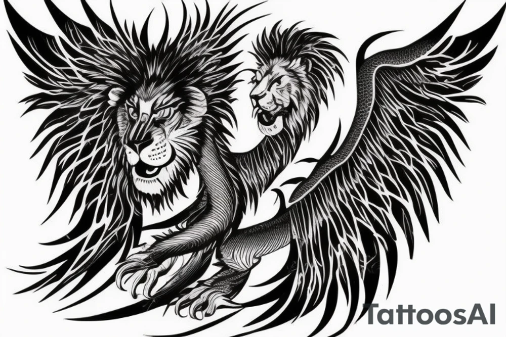 vertical
dragon and lion
lions mane
dragon wings
Dragons claws
pegasus
abstract negative space
divinely illuminated
full colour
dark tattoo idea