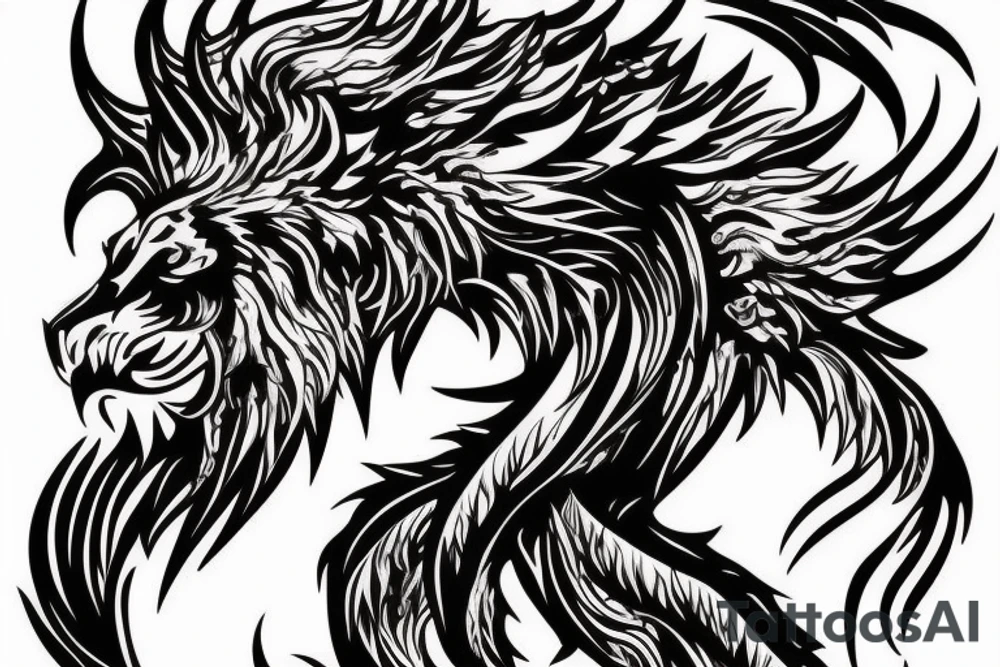 vertical
dragon and lion
lions mane
dragon wings
Dragons claws
pegasus
abstract negative space
divinely illuminated
full colour
dark tattoo idea