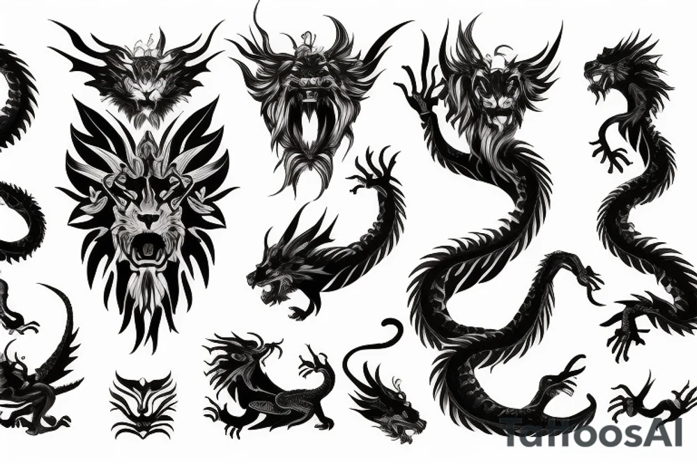 vertical
dragon and lion
lions mane
dragon wings
Dragons claws
pegasus
abstract negative space
divinely illuminated
full colour
dark tattoo idea