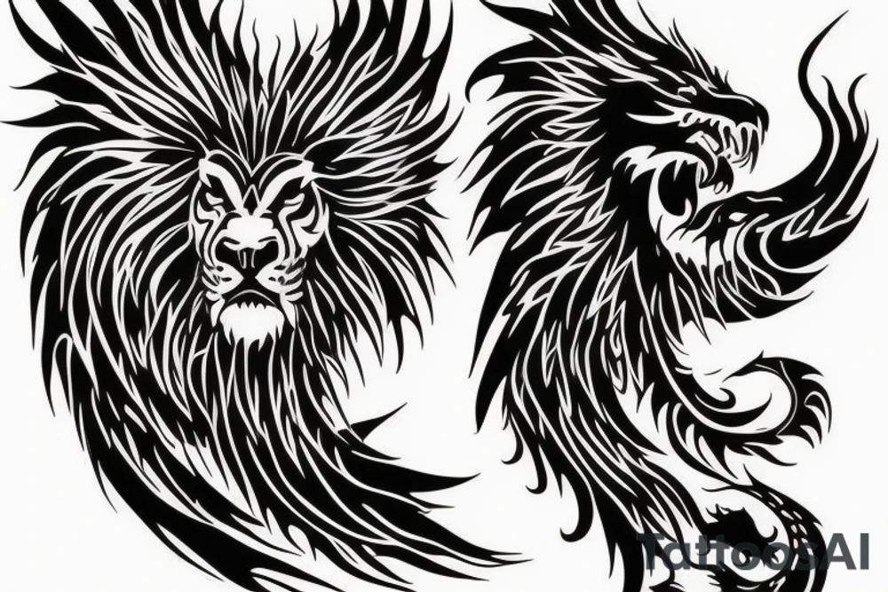 vertical
dragon and lion
lions mane
dragon wings
Dragons claws
pegasus
abstract negative space
divinely illuminated
full colour
dark tattoo idea