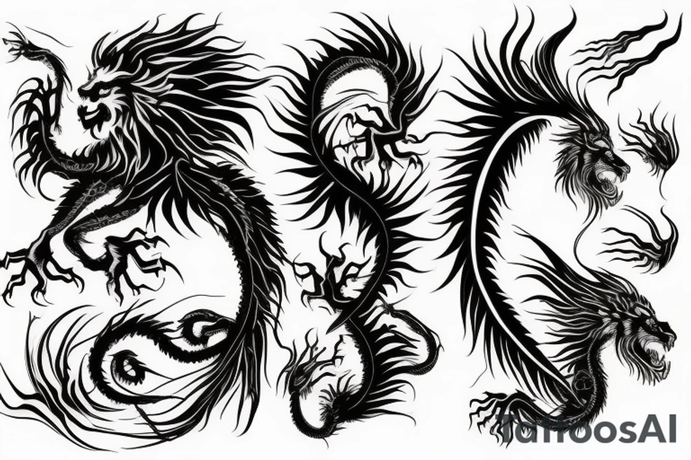 vertical
dragon and lion
lions mane
dragon wings
Dragons claws
pegasus
abstract negative space
divinely illuminated
full colour
dark tattoo idea