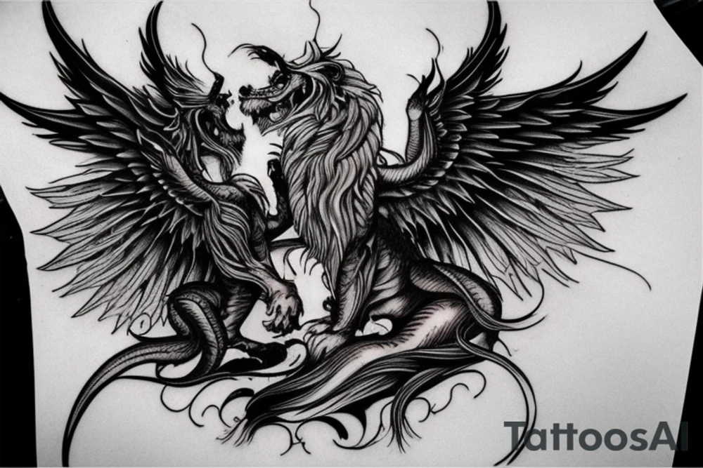 vertical
dragon and lion
lions mane
dragon wings
Dragons claws
pegasus
abstract negative space
divinely illuminated
full colour
dark tattoo idea