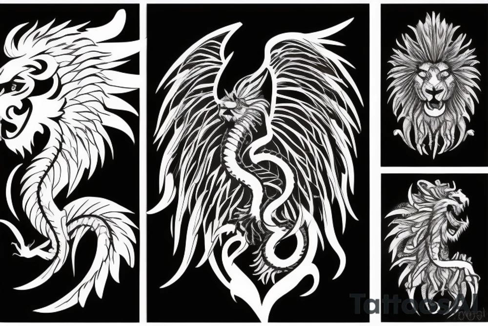 vertical
dragon and lion
lions mane
dragon wings
Dragons claws
pegasus
abstract negative space
divinely illuminated
full colour
dark tattoo idea