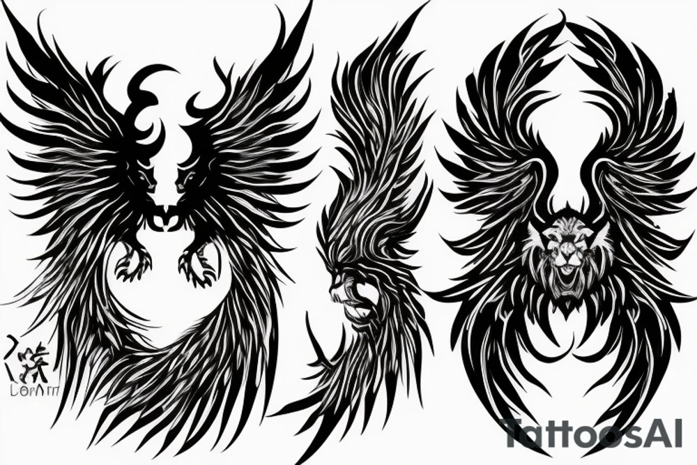 vertical
dragon and lion
lions mane
dragon wings
Dragons claws
pegasus
abstract negative space
divinely illuminated
full colour
dark tattoo idea