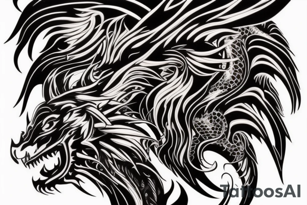 vertical
dragon and lion
lions mane
dragon wings
Dragons claws
pegasus
abstract negative space
divinely illuminated
full colour
dark tattoo idea