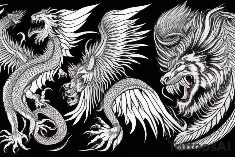 vertical
dragon and lion
lions mane
dragon wings
Dragons claws
pegasus
abstract negative space
divinely illuminated
full colour
dark tattoo idea