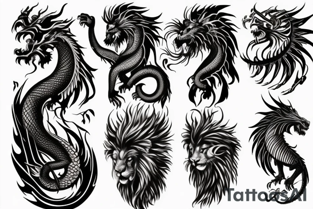 vertical
dragon and lion
lions mane
dragon wings
Dragons claws
pegasus
abstract negative space
divinely illuminated
full colour
dark tattoo idea