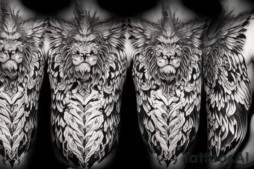 vertical
dragon and lion
lions mane
dragon wings
Dragons claws
pegasus
abstract negative space
divinely illuminated
full colour
dark tattoo idea