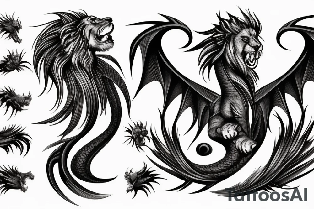 vertical
dragon and lion
lions mane
dragon wings
Dragons claws
pegasus
abstract negative space
divinely illuminated
full colour
dark tattoo idea