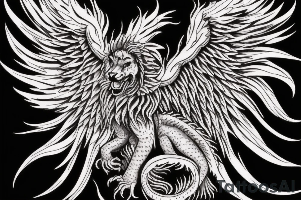 vertical
dragon and lion
lions mane
dragon wings
Dragons claws
pegasus
abstract negative space
divinely illuminated
full colour
dark tattoo idea