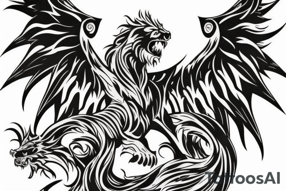 vertical
dragon and lion
lions mane
dragon wings
Dragons claws
pegasus
abstract negative space
divinely illuminated
full colour
dark tattoo idea