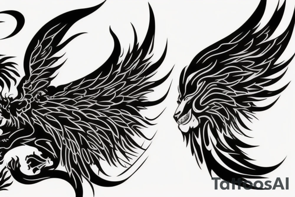 vertical
dragon and lion
lions mane
dragon wings
Dragons claws
pegasus
abstract negative space
divinely illuminated
full colour
dark tattoo idea