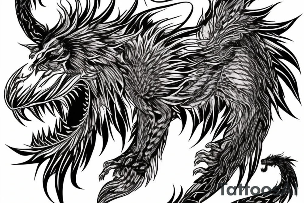 vertical
dragon and lion
lions mane
dragon wings
Dragons claws
pegasus
abstract negative space
divinely illuminated
full colour
dark tattoo idea