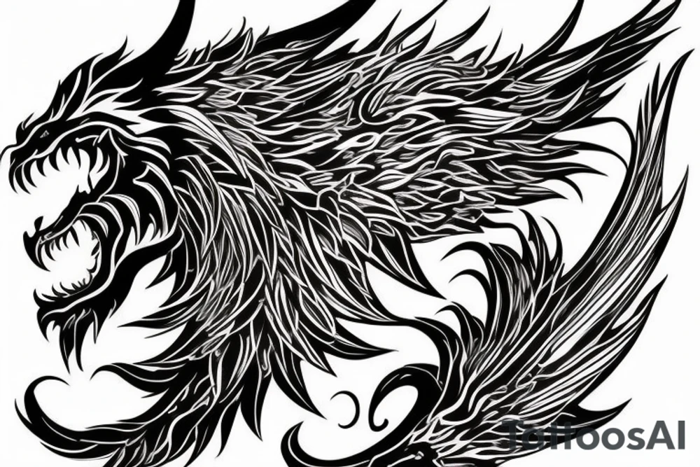 vertical
dragon and lion
lions mane
dragon wings
Dragons claws
pegasus
abstract negative space
divinely illuminated
full colour
dark tattoo idea