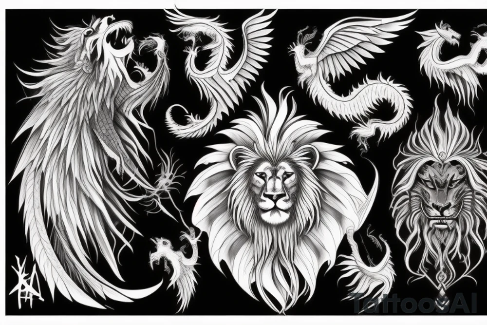 vertical
dragon and lion
lions mane
dragon wings
Dragons claws
pegasus
abstract negative space
divinely illuminated
full colour
dark tattoo idea