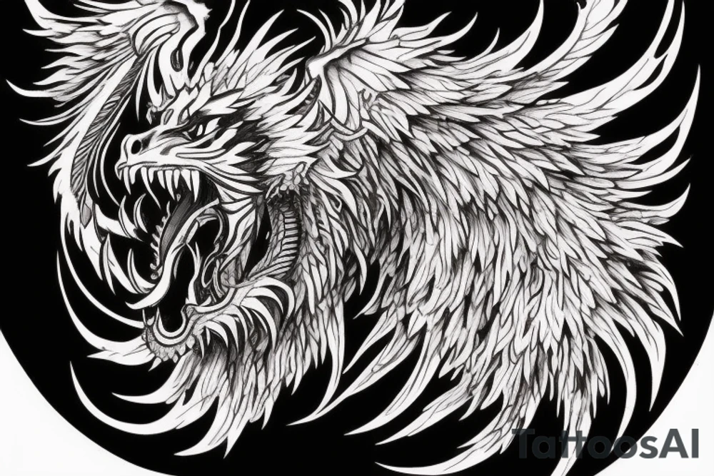 vertical
dragon and lion
lions mane
dragon wings
Dragons claws
pegasus
abstract negative space
divinely illuminated
full colour
dark tattoo idea