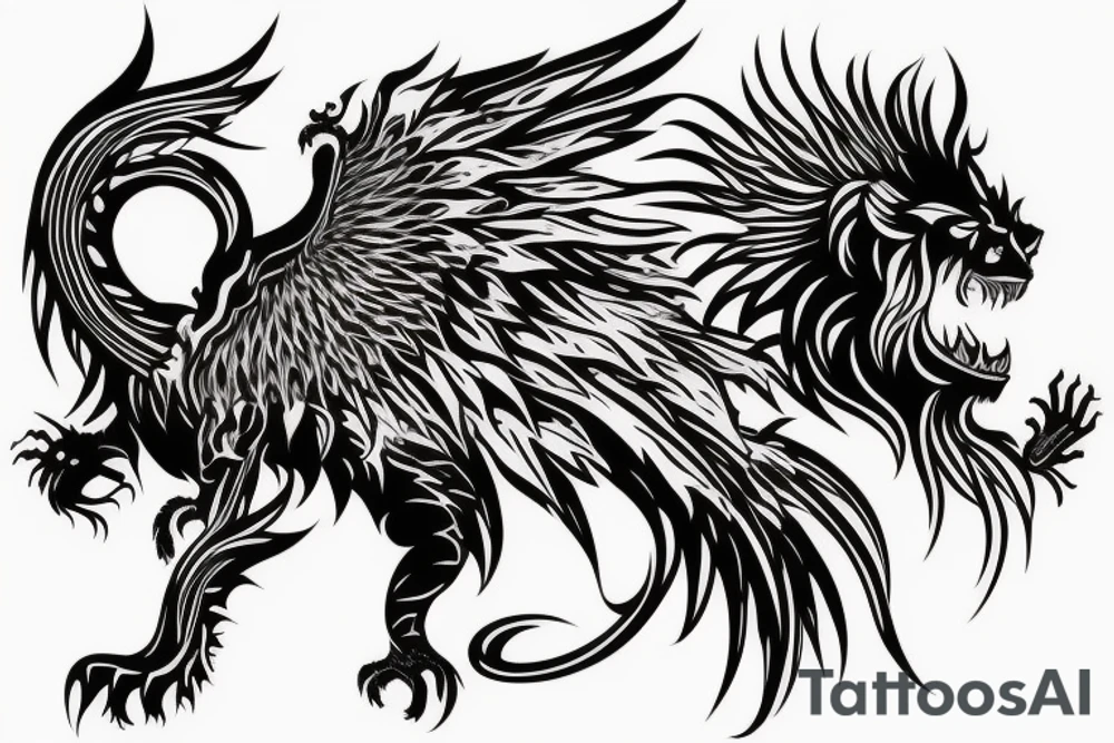 vertical
dragon and lion
lions mane
dragon wings
Dragons claws
pegasus
abstract negative space
divinely illuminated
full colour
dark tattoo idea