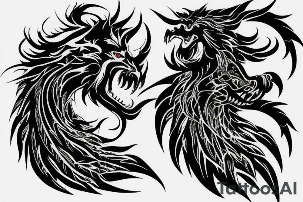 vertical
dragon and lion
lions mane
dragon wings
Dragons claws
pegasus
abstract negative space
divinely illuminated
full colour
dark tattoo idea