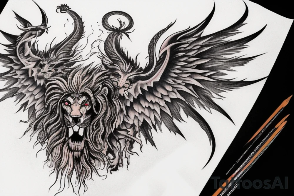 vertical
dragon and lion
lions mane
dragon wings
Dragons claws
pegasus
abstract negative space
divinely illuminated
full colour
dark tattoo idea