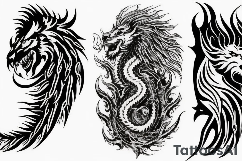 vertical
dragon and lion
lions mane
dragon wings
Dragons claws
pegasus
abstract negative space
divinely illuminated
full colour
dark tattoo idea