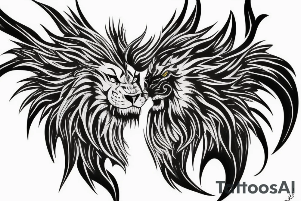 vertical
dragon and lion
lions mane
dragon wings
Dragons claws
pegasus
abstract negative space
divinely illuminated
full colour
dark tattoo idea