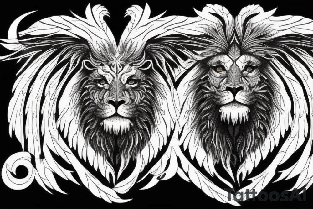 vertical
dragon and lion
lions mane
dragon wings
Dragons claws
pegasus
abstract negative space
divinely illuminated
full colour
dark tattoo idea