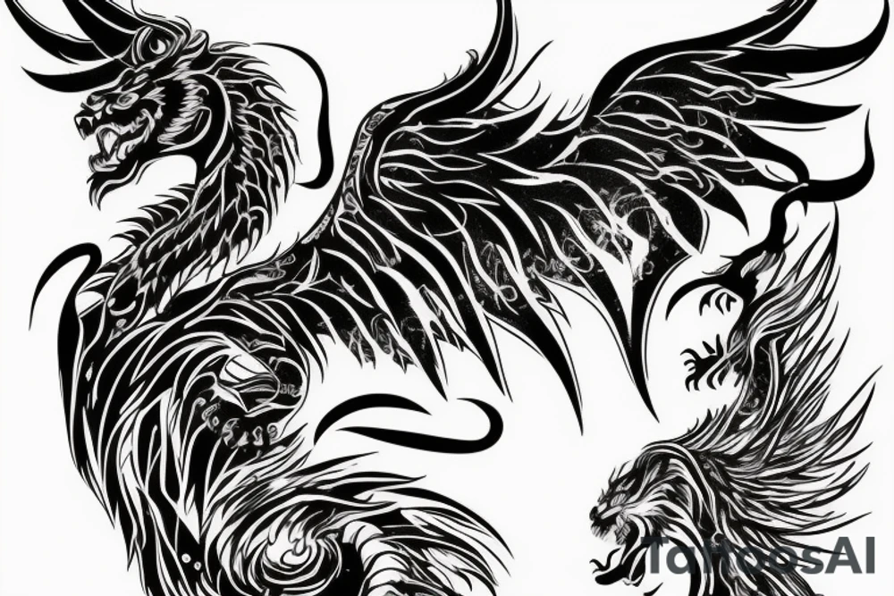 vertical
dragon and lion
lions mane
dragon wings
Dragons claws
pegasus
abstract negative space
divinely illuminated
full colour
dark tattoo idea