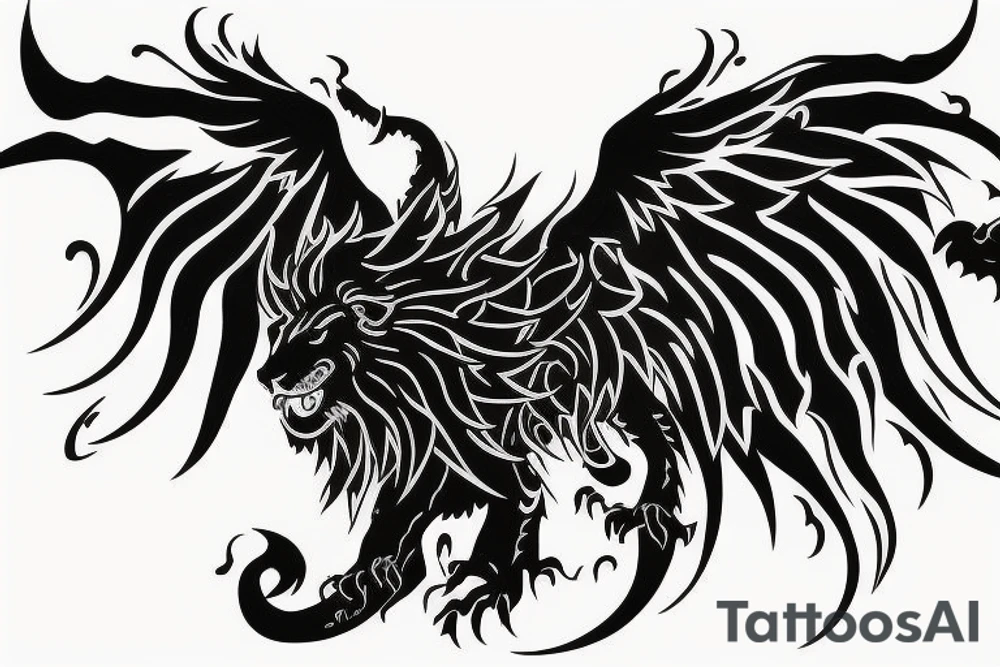 vertical
dragon and lion
lions mane
dragon wings
Dragons claws
pegasus
abstract negative space
divinely illuminated
full colour
dark tattoo idea