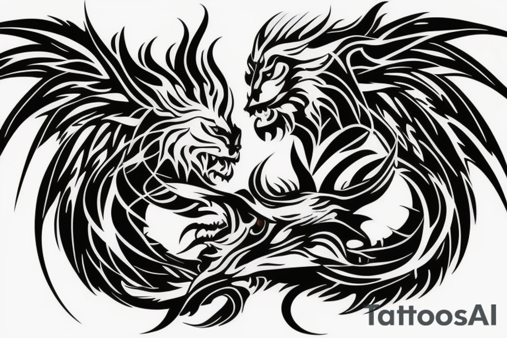 vertical
dragon and lion
lions mane
dragon wings
Dragons claws
pegasus
abstract negative space
divinely illuminated
full colour
dark tattoo idea