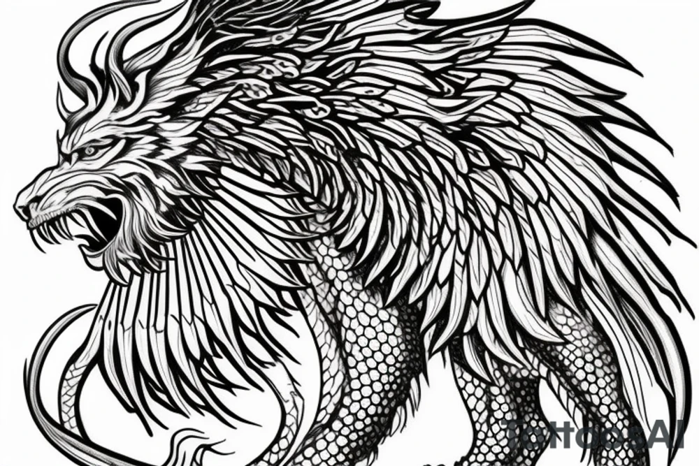 vertical
dragon and lion
lions mane
dragon wings
Dragons claws
pegasus
abstract negative space
divinely illuminated
full colour
dark tattoo idea
