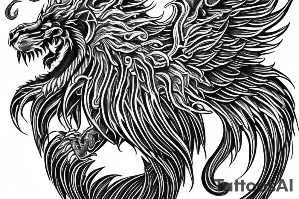 vertical
dragon and lion
lions mane
dragon wings
Dragons claws
pegasus
abstract negative space
divinely illuminated
full colour
dark tattoo idea
