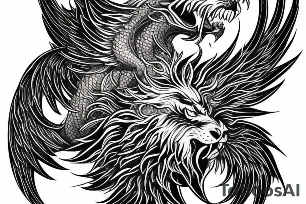 vertical
dragon and lion
lions mane
dragon wings
Dragons claws
pegasus
abstract negative space
divinely illuminated
full colour
dark tattoo idea
