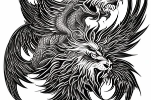 vertical
dragon and lion
lions mane
dragon wings
Dragons claws
pegasus
abstract negative space
divinely illuminated
full colour
dark tattoo idea