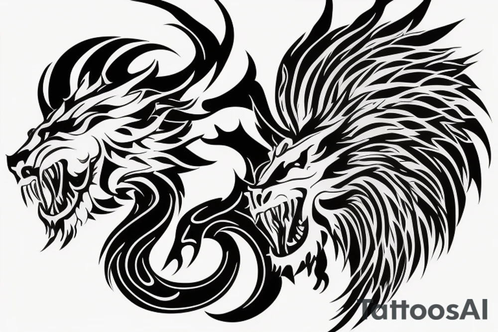 vertical
dragon and lion
lions mane
dragon wings
Dragons claws
pegasus
abstract negative space
divinely illuminated
full colour
dark tattoo idea